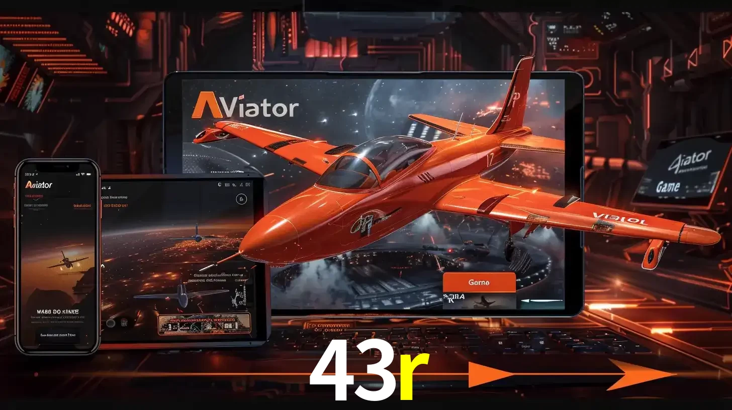 Apresentação tecnológica do jogo Aviator com um avião saindo da tela de um tablet, demonstrando a experiência imersiva em múltiplos dispositivos no 43r.