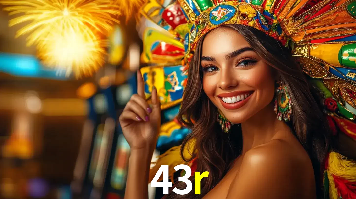 Mulher sorridente com um cocar de carnaval vibrante e colorido, celebrando uma grande vitória nos jogos do cassino 43r com fogos de artifício ao fundo.