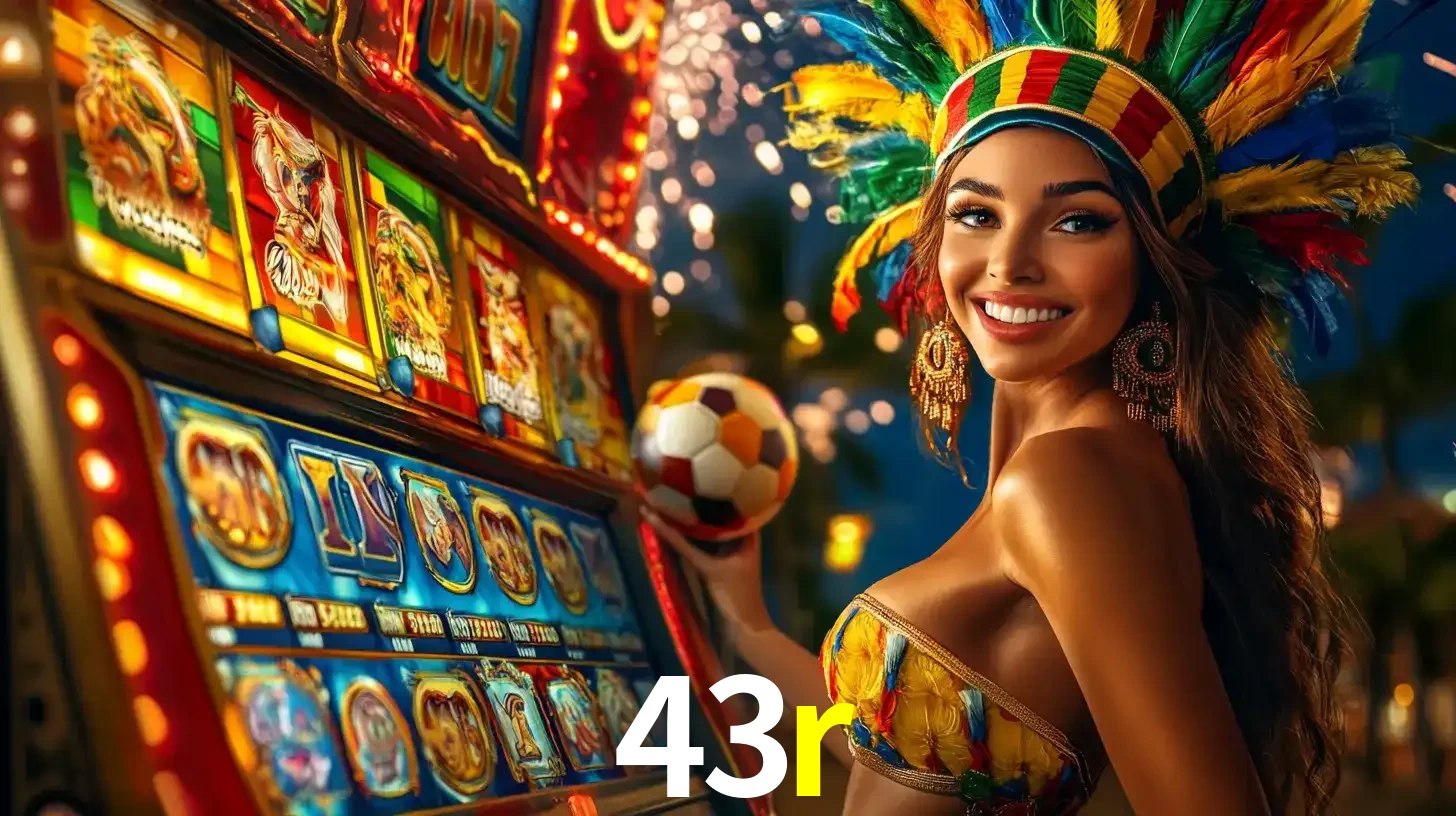 Mulher com um cocar de carnaval ao lado de uma máquina de caça-níqueis enquanto segura uma bola de futebol, mostrando a união da diversão de cassino e esportes no 43r.