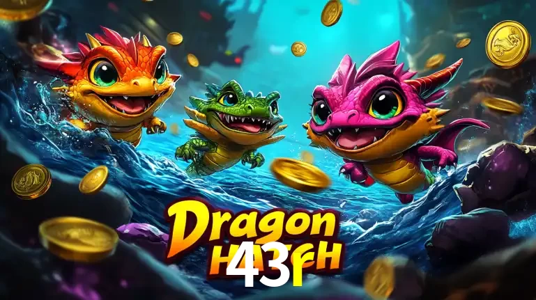 Arte promocional do jogo Dragon Hatch com três adoráveis dragões bebês nadando entre moedas de ouro, um dos slots mais divertidos para jogar no cassino 43r.