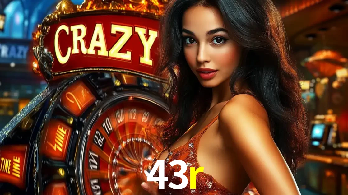 Mulher glamourosa olhando para a câmera com a roda vermelha do Crazy Time ao fundo em um ambiente de cassino, destacando a emoção dos jogos ao vivo no 43r.
