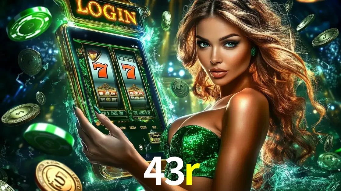 Mulher com tema verde apresentando o aplicativo do cassino 43r com um jogo de slot de 777, cercada por fichas de cassino e uma aura de sorte.
