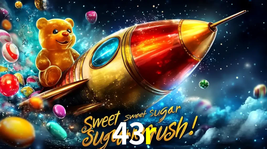 Arte promocional do jogo de slot Sugar Rush, com um urso de pelúcia em um foguete viajando pelo espaço de doces, um dos jogos divertidos disponíveis no cassino 43r.