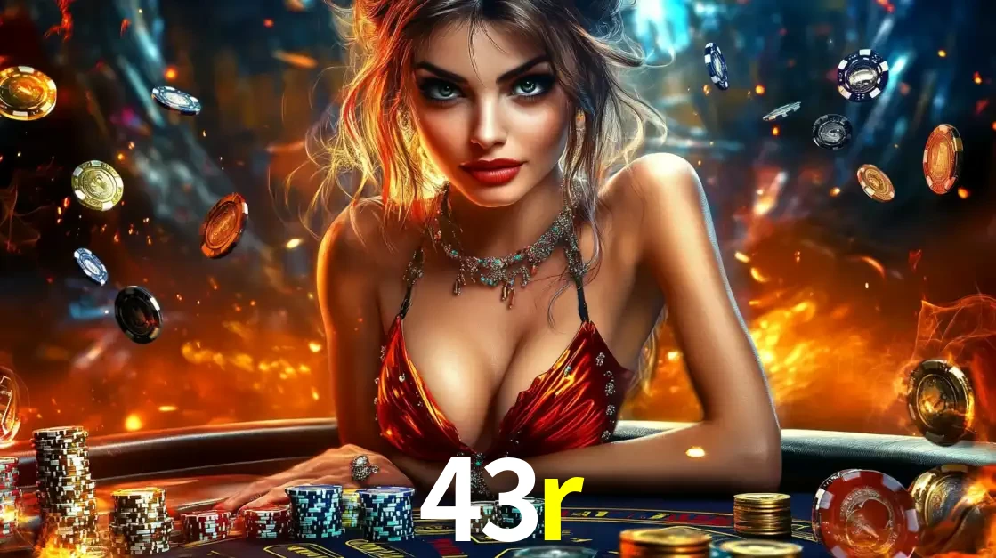 Mulher em uma mesa de cassino com pilhas de fichas e um fundo de fogo, pronta para uma rodada de altas apostas nos jogos de mesa emocionantes do cassino 43r.