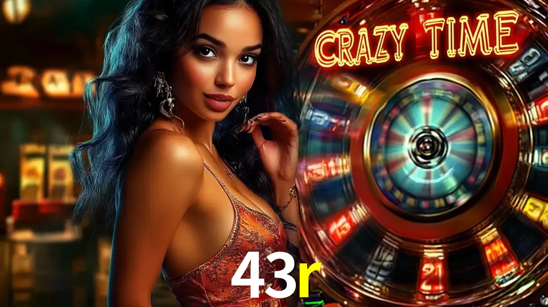 Mulher elegante ao lado da vibrante roda da fortuna do jogo de cassino ao vivo Crazy Time, um dos game shows mais populares e cheios de prêmios do 43r.